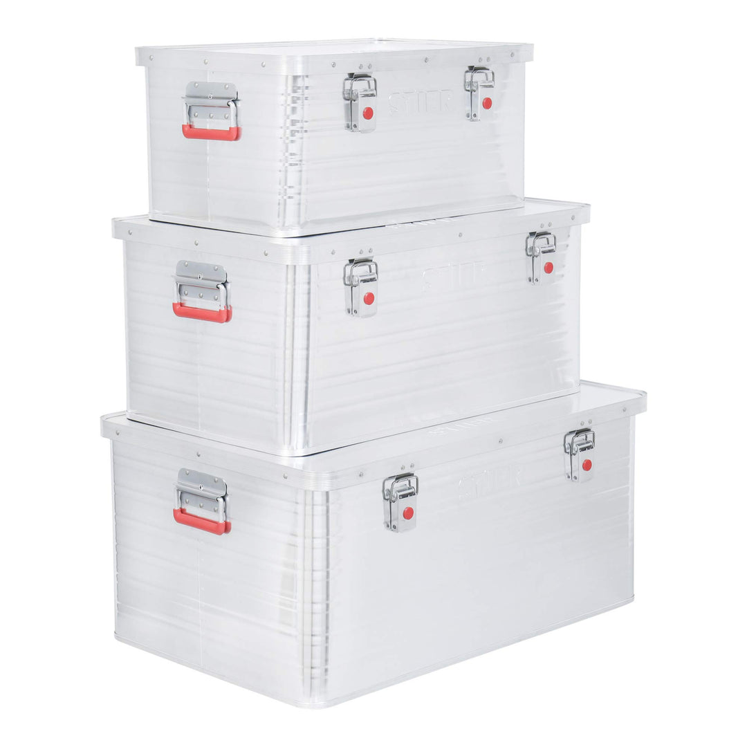 STIER Alubox Set, Aluminiumbox 50L 85L und 135L, stapelbare Transportkisten, Staub- und spritzwasser