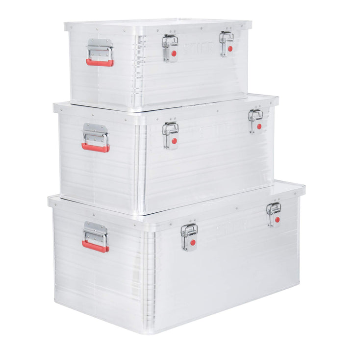 STIER Alubox Set, Aluminiumbox 50L 85L und 135L, stapelbare Transportkisten, Staub- und spritzwasser