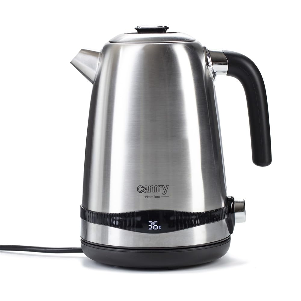 CAMRY CR 1291 Wasserkocher aus Edelstahl, 1,7L, Maximalleistung 2200 W, LCD-Temperaturanzeige, Kalkf