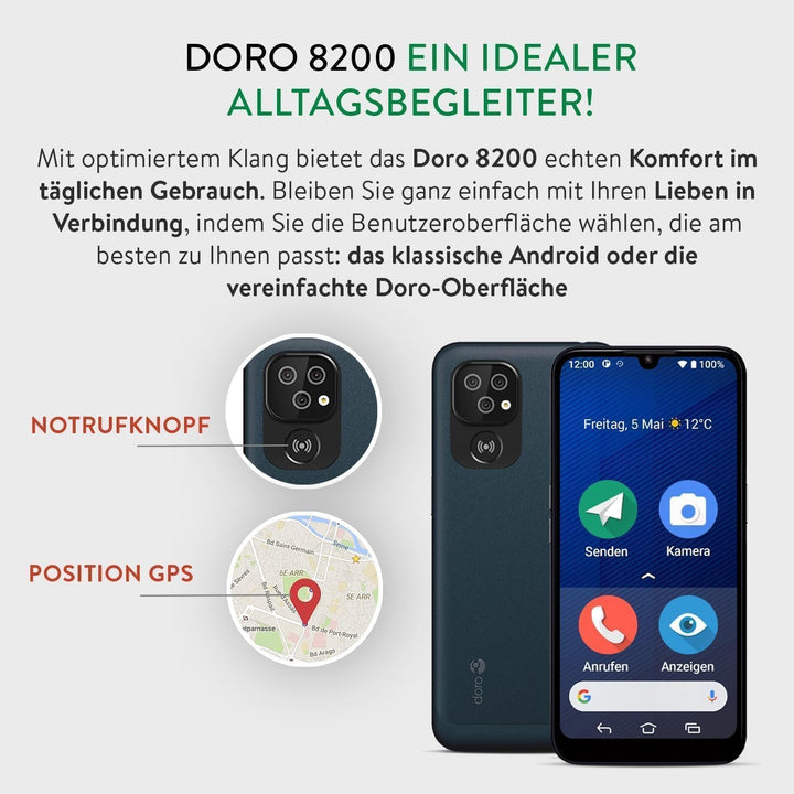 Doro - 8200 Secure - 4G-Senioren-Smartphone ohne Vertrag - Mit Notruf-Armband - 6.1'' Display - Notr