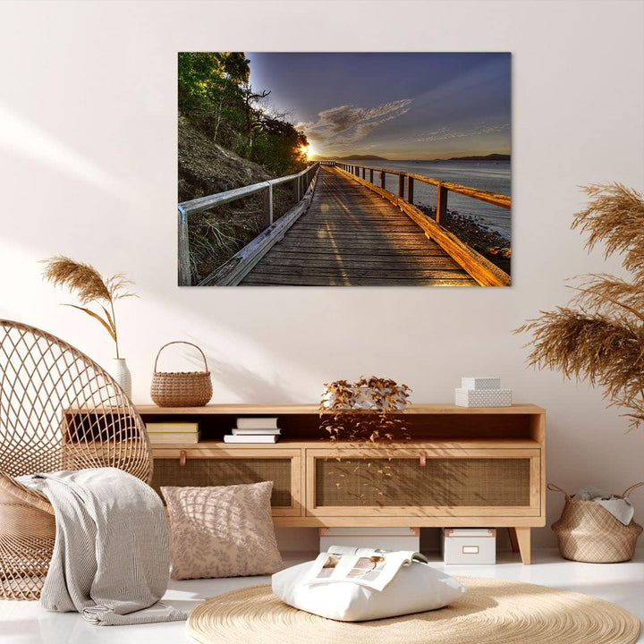 Bilder auf Leinwand 100x70cm Leinwandbild Fussgängerbrücke Himmel Wasser Gross Wanddeko Bild Schlafz