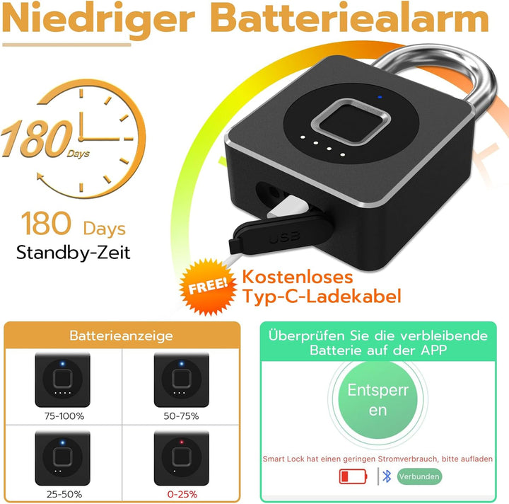 Vorhängeschloss Fingerabdruck, Anweller Vorhängeschloss mit Bluetooth und Fingerabdruck Entsperren,