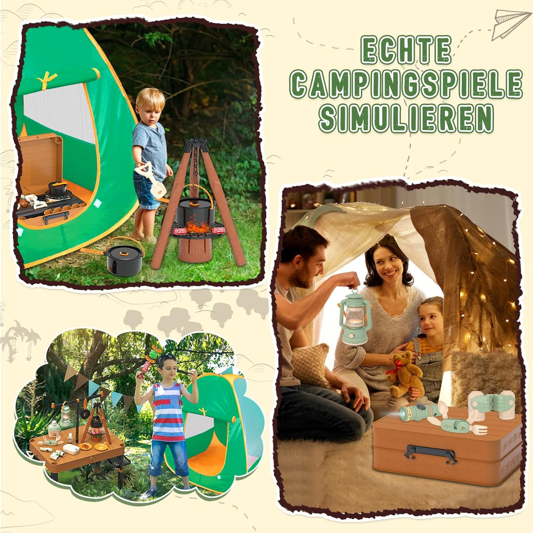 Fisca 62PCS Kinder Spielzelt - Campingzelt mit Ausrüstung & Werkzeug, Abenteuer Camping Set für Klei