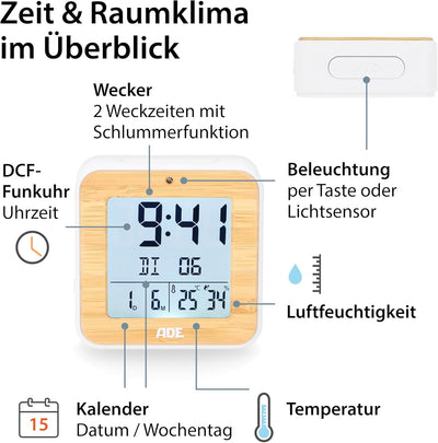 ADE Funkwecker digital mit Batterie | 2 Weckzeiten | Temperaturanzeige | Luftfeuchtigkeit | Gehäuse