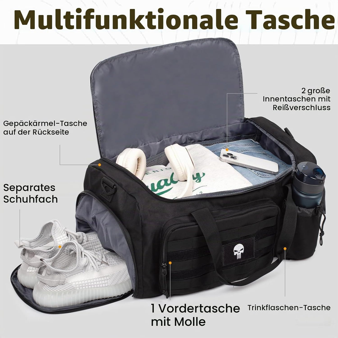 Taktische Sporttasche für Herren, 60L grosse Reisetasche mit Schuhfach, Sporttasche mit Nassfach, Mu