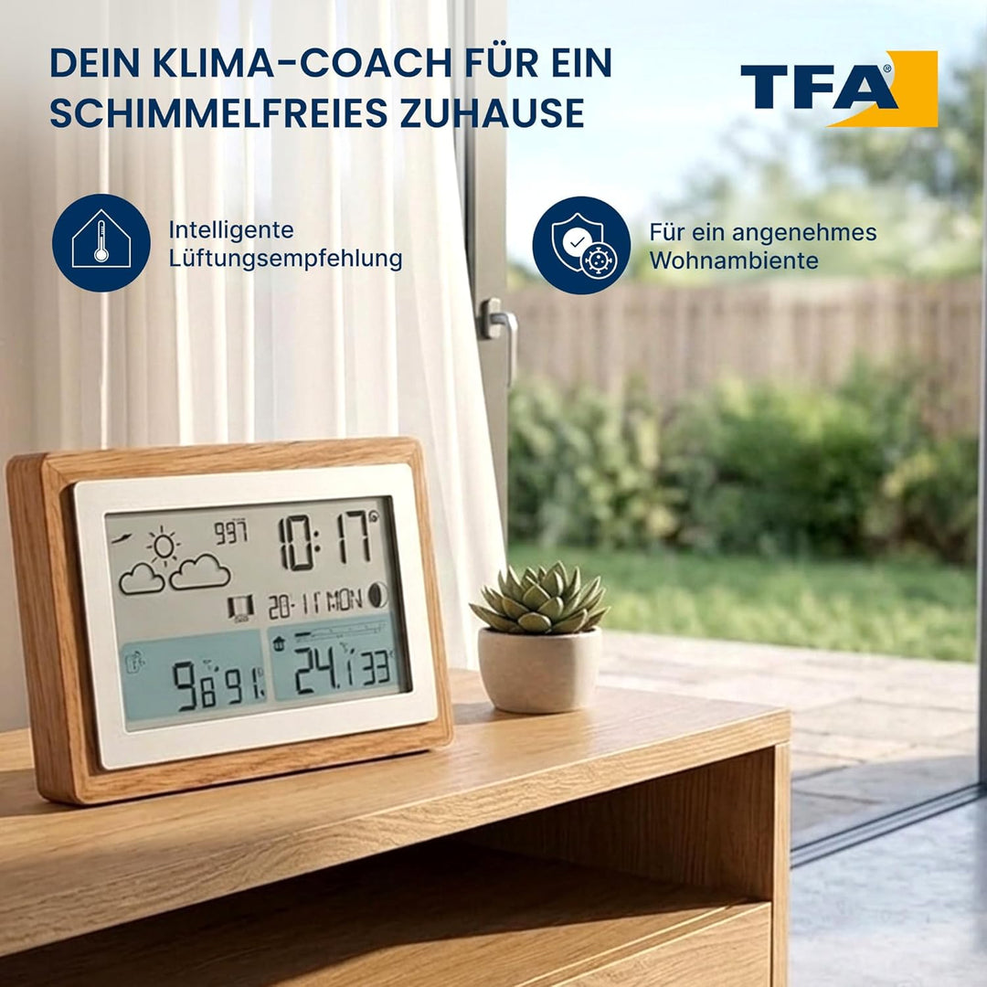 TFA Dostmann Funk-Wetterstation mit Aussensensor OAK, 35.1167.54, Wettervorhersage, mit Holz-Rahmen,