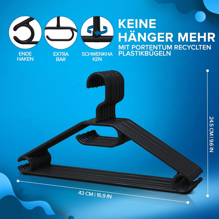 PORTENTUM Kleiderbügel aus 100% Recyceltem Kunststoff, 30 Stück, Schwarz - 360º Drehbarer Haken, Pla