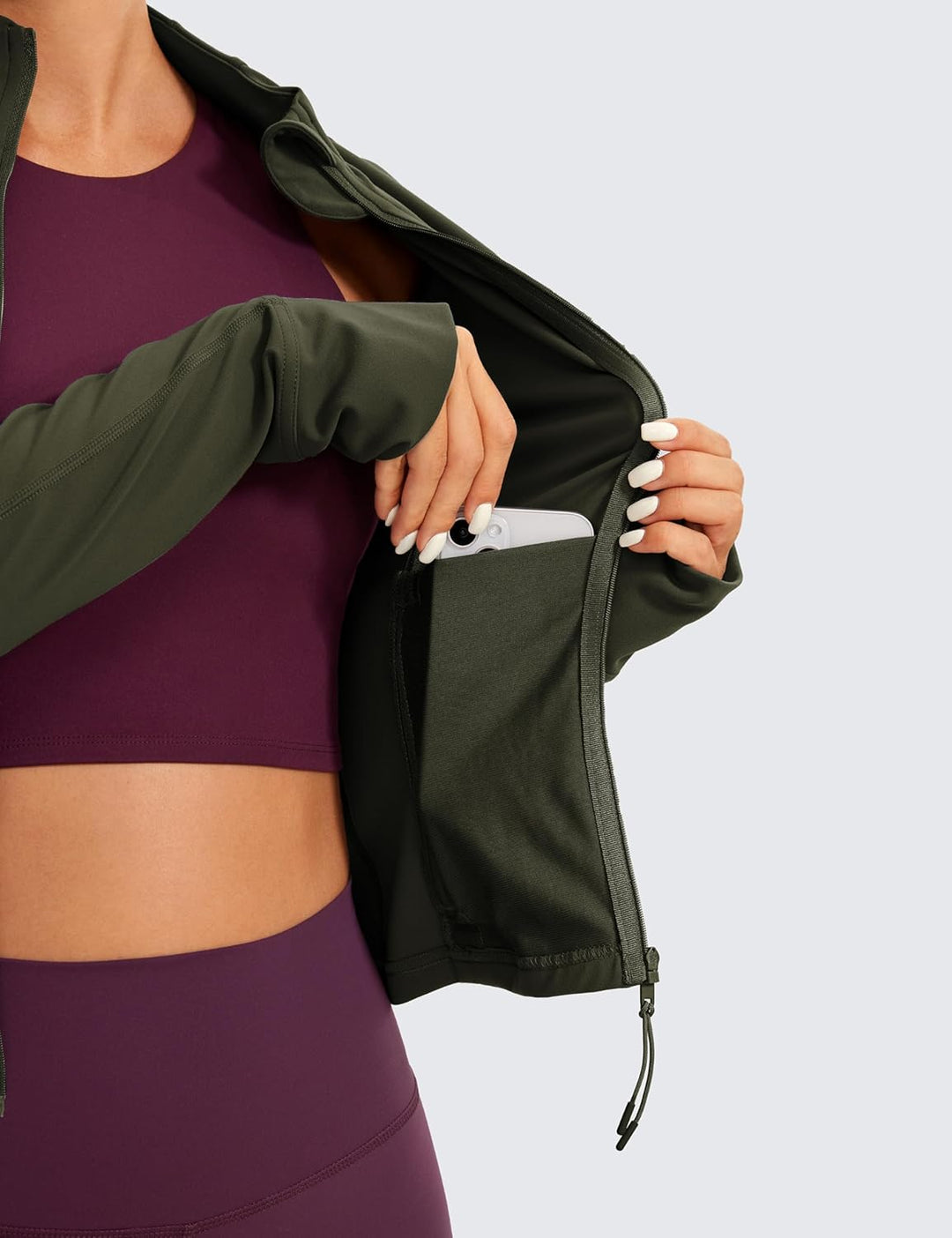 CRZ YOGA Damen Butterluxe Full Zipper Sport Jacke Zip Tasche Crop Running Laufjacke Gym Langarmshirt