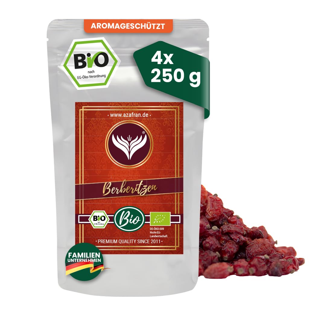 Azafran BIO Berberitze (Sauerdorn) geschnitten, getrocknete Berberitzen Beeren für Tee & Küche 1kg,