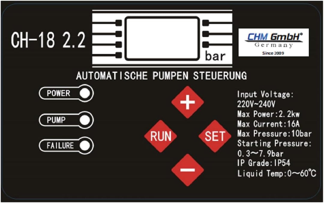 CHM GmbH® Pumpensteuerung Druckschalter (EIN- und Abschaltdruck einstellbar) mit Trockenlaufschutz f