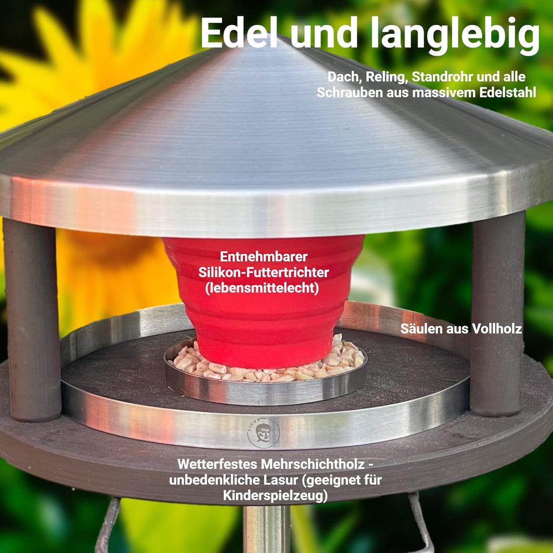 Vogelhaus mit Ständer wetterfest aus Edelstahl - Stabiles Vogelfutterhaus für draussen, modern aus M