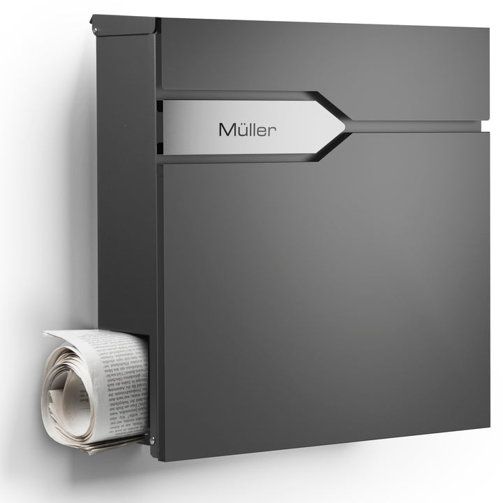 Moderner Briefkasten Personalisierbar Munich Anthrazit RAL7016 - mit Zeitungsfach - Wandbriefkasten