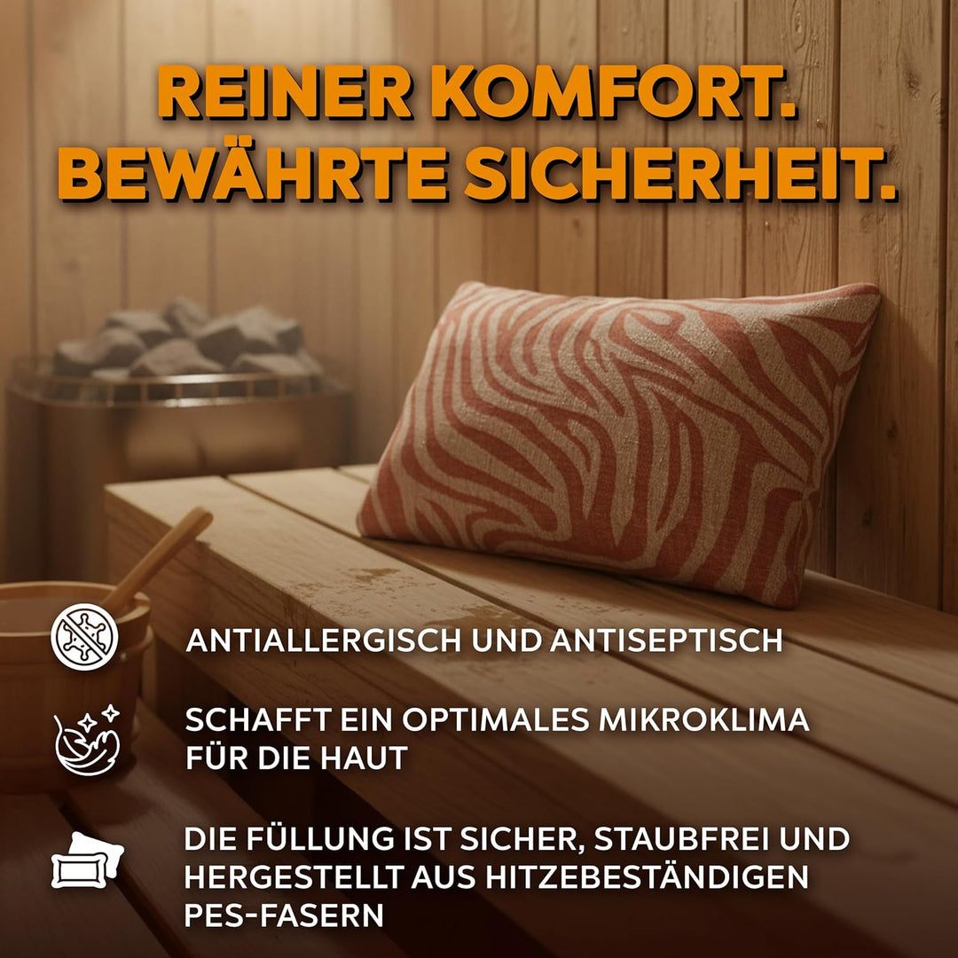 Zebra Saunakissen hitzebeständig waschbar - Sauna Kissen Kopfstütze aus Leinen Baumwolle - Komfort N