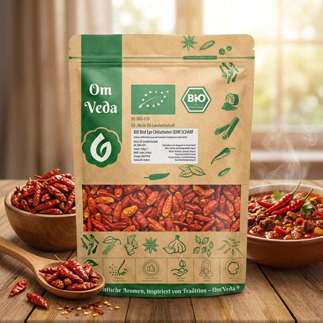 BIO Chilischoten | Birds Eye Chili Ganz | Sehr Scharf Schärfegrad 9 | Rote Getrocknete Chili Schoten