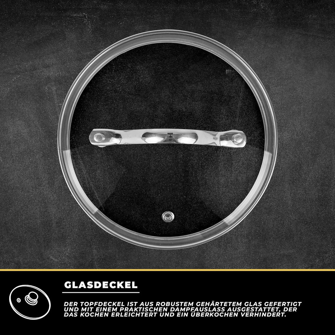 Topfset Induktion 3-teilig, Kochtopf Set mit Glasdeckel, Edelstahl mattiert, Induktions Töpfe Set un