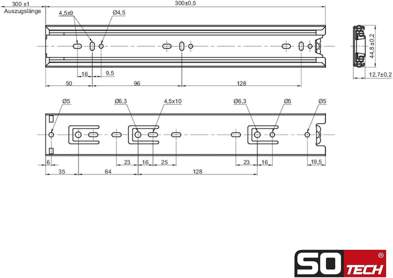 SOTECH 4 Paar (8 Stück) Vollauszüge KV1-45-H45-L300-NF 300 mm (eingeschoben) Schubladenschienen kuge