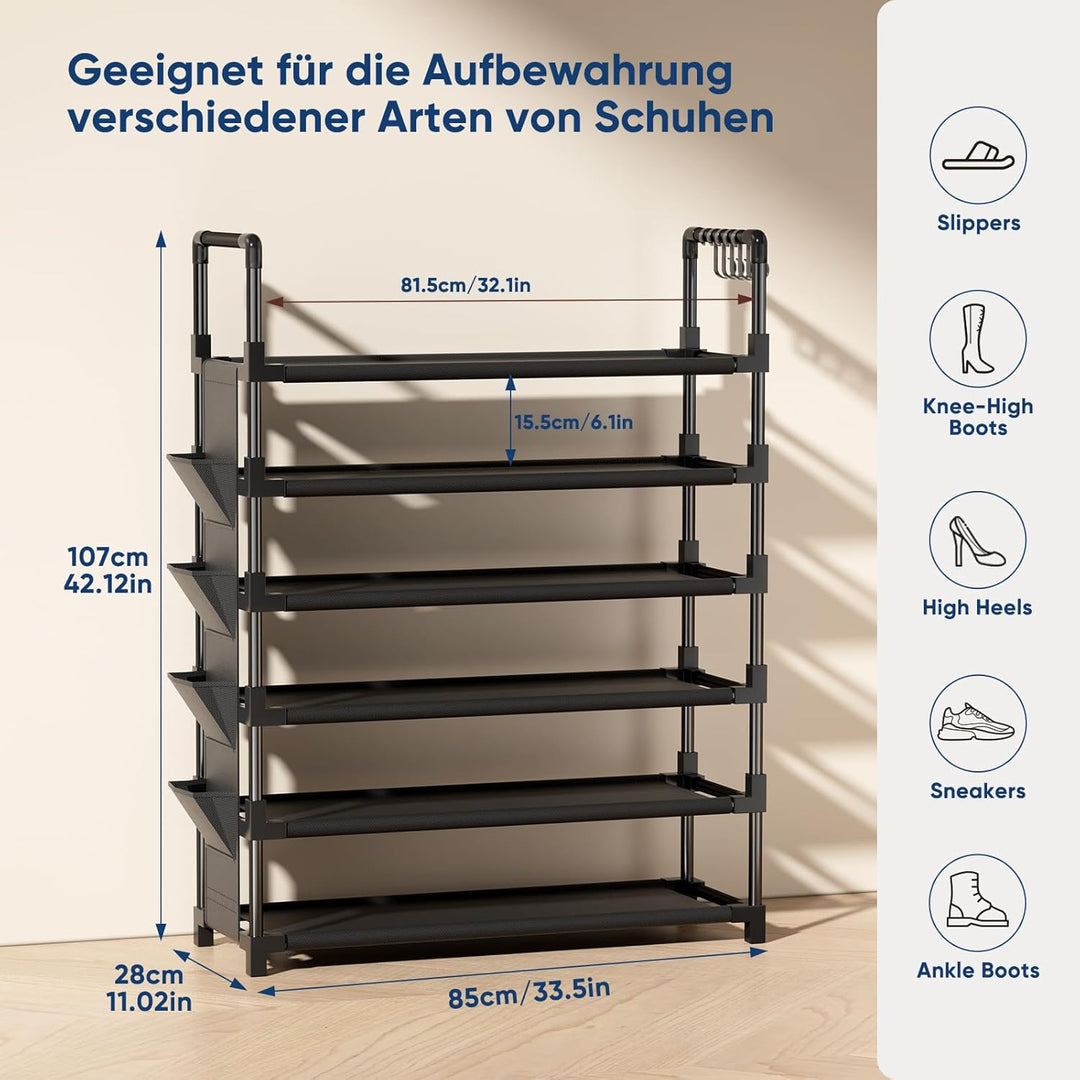 Mavivegue Schuhregal 6 Ebenen Metall, Schuhständer mit Haken und Seitentasche, Schuhaufbewahrung für