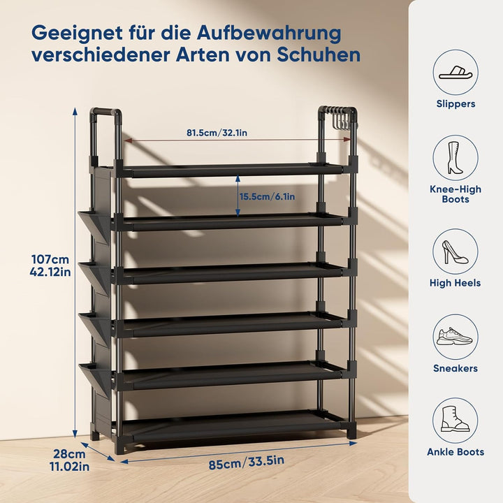 Mavivegue Schuhregal 6 Ebenen Metall, Schuhständer mit Haken und Seitentasche, Schuhaufbewahrung für