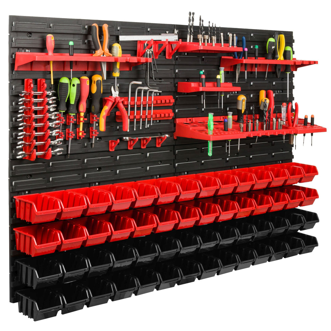 Lagersystem Werkstattregal | 115 x 78 cm | 56 stck. Box | Wandregal mit Werkzeughalterungen und Stap