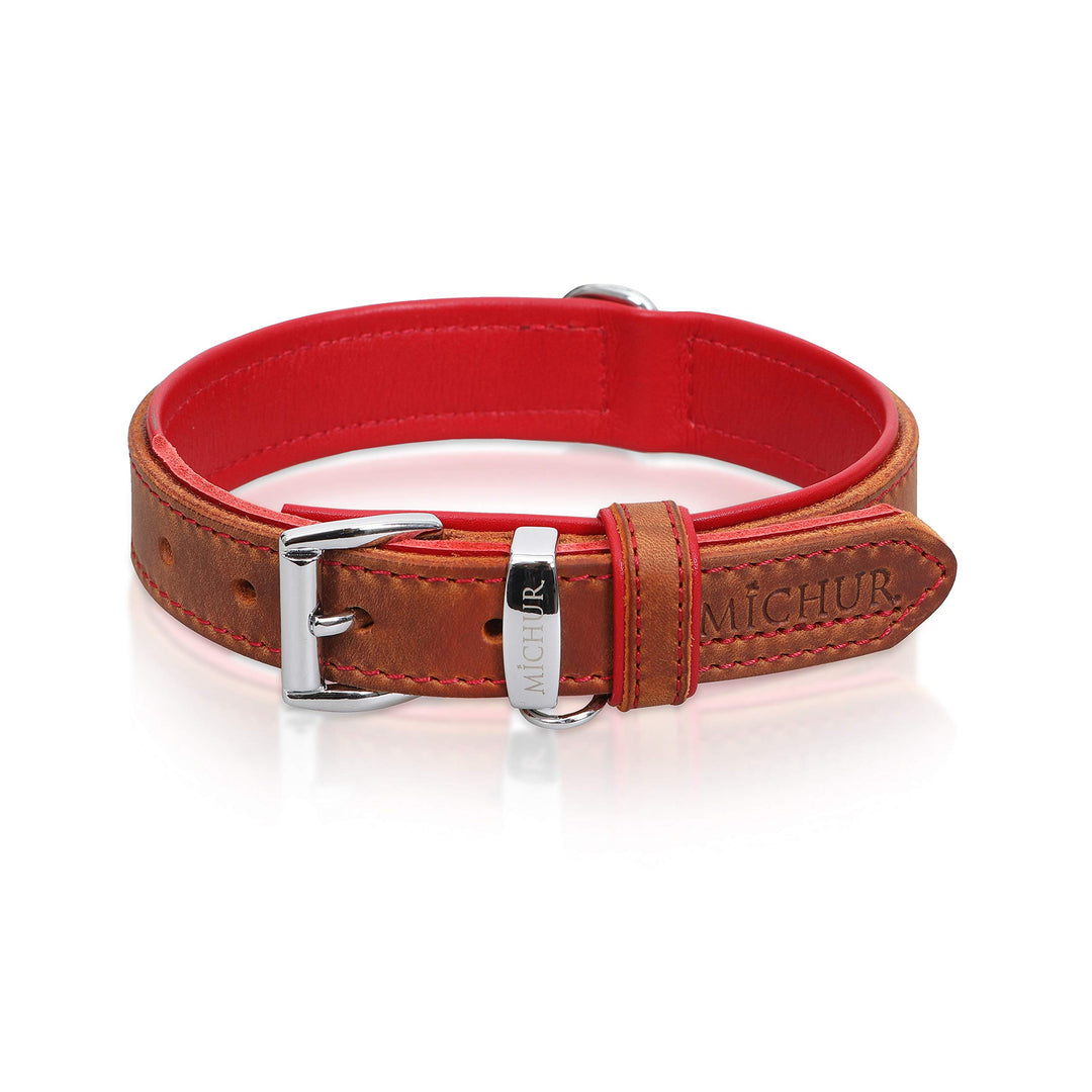 MICHUR Charly Hundehalsband Leder Braun Rot, Lederhalsband Hund, Halsband, Leder, in verschiedenen G