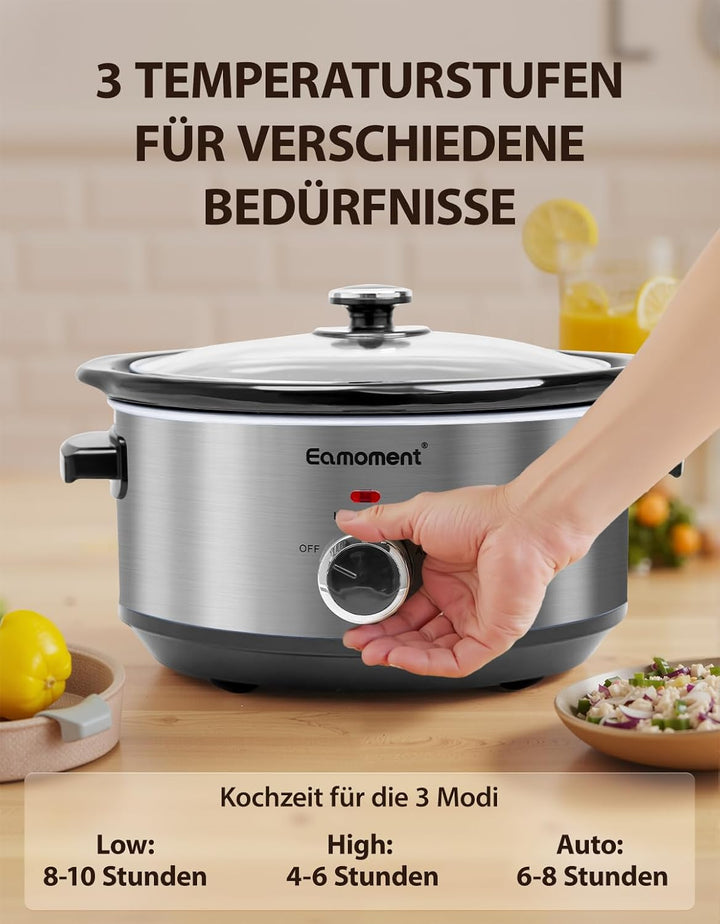 Slow Cooker, 3,5 Liter Edelstahl Schongarer mit Keramiktopf, Einstellbare Temperatur, Spülmaschinenf