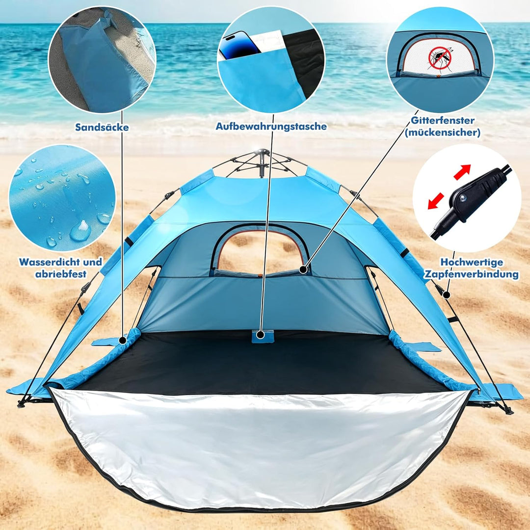 Strandzelt Strandmuschel Pop Up, UV Schutz 50+ Sonnenzelt mit Wasserdichter Strandmatte für 3-4 Pers