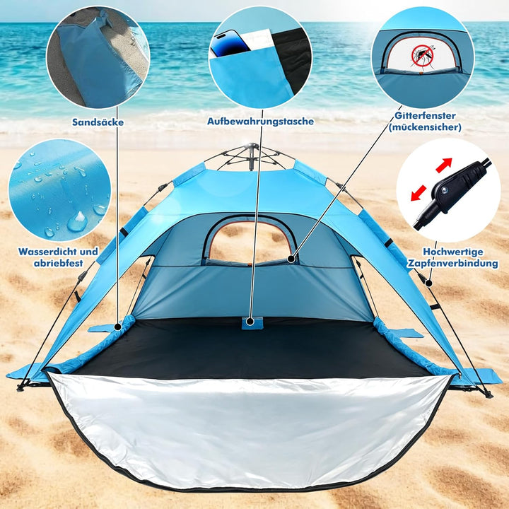 Strandzelt Strandmuschel Pop Up, UV Schutz 50+ Sonnenzelt mit Wasserdichter Strandmatte für 3-4 Pers