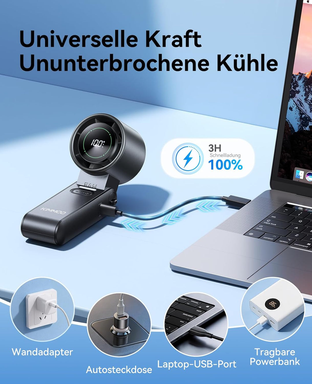 KIMMOO 3-in-1 Turbo-Handventilator – 100 Geschwindigkeiten, 20000 U/min, 12 Std. Kühlung, Digitaldis
