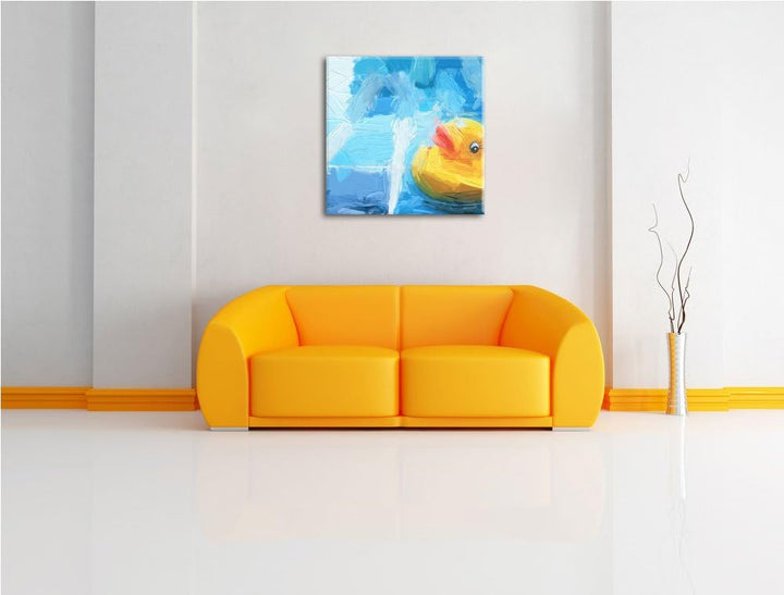 Quietsche Ente im Wasser, Format: 70x70 auf Leinwand, XXL riesige Bilder fertig gerahmt mit Keilrahm