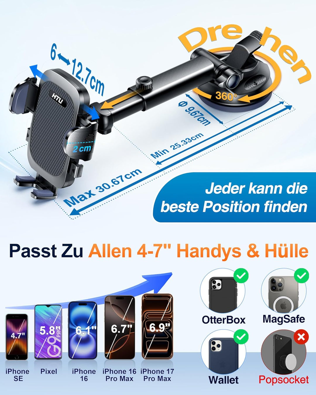 【Militär-Klasse】4 in 1 Handyhalterung Auto【Tärkst Saugnapf &amp; Clip】Federungskapazität 36KG 360° Drehb
