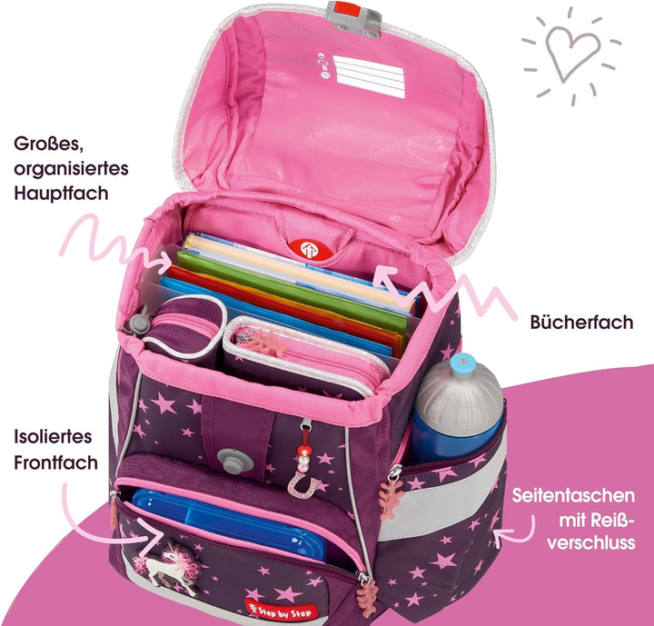 Step by Step Schulranzen-Set 2IN1 Plus „Unicorn Nuala“ 6-teilig, Beere, Einhorn-Design, ergonomische