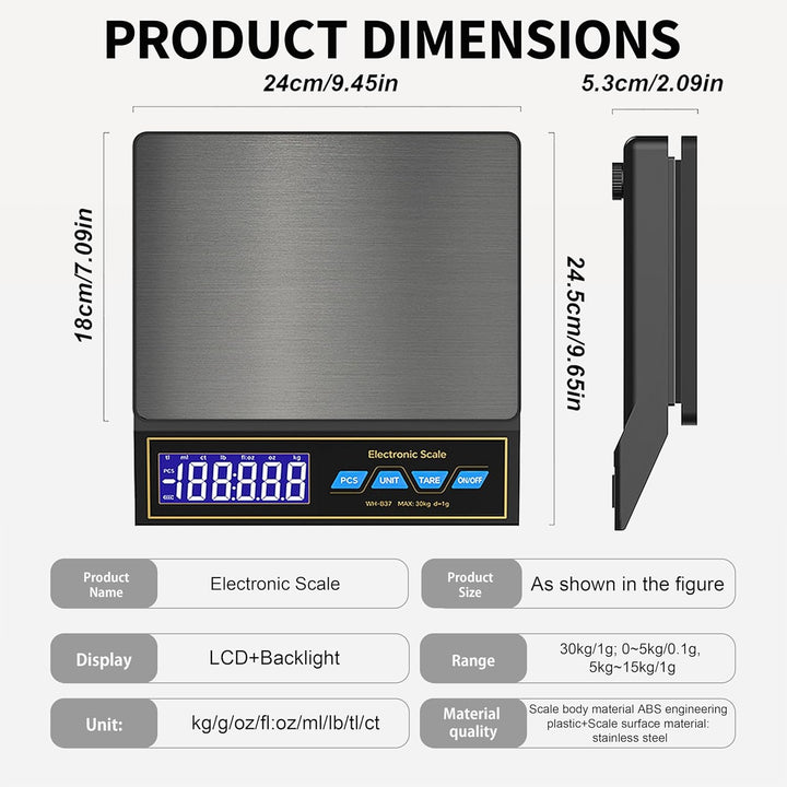 Digitale Küchenwaage 30kg, USB-C Aufladbar und Präzise | Tara-Funktion, Stückzählung, Ideal für Koch