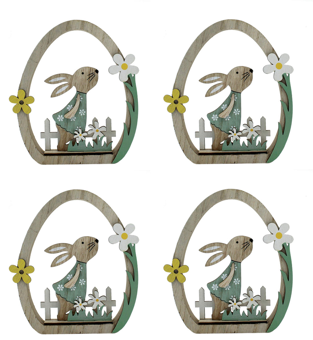 DARO DEKO Holz Hase im Ei auf Blumen-Wiese 13 x 15cm 4 Stück, Im Ei auf Blumen-wiese 13 X 15cm 4 Stü