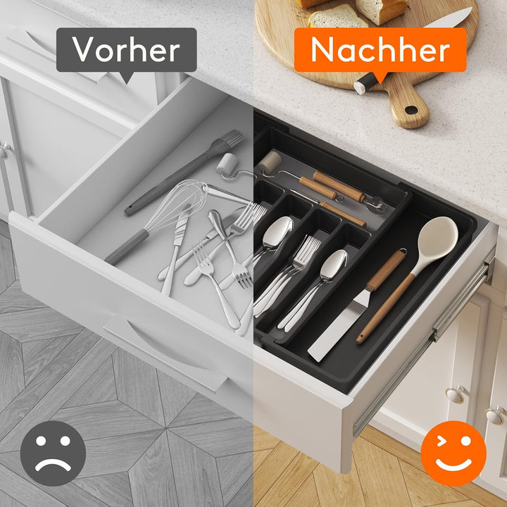 Lifewit Besteckkasten für Schubladen mit Rutschfestes TPR, verstellbarer Kunststoff Organizer Küche