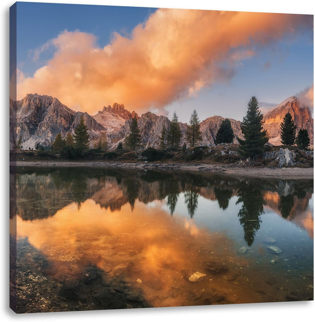 Pixxprint Bunte Dolomiten am See Limides, Format: 70x70 auf Leinwand, 70x70
