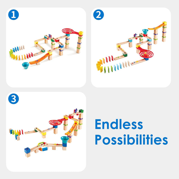 Hape Rasante Murmelbahn mit Domino, Kugelbahn aus Holz, Konstruktionsspielzeug, ab 3 Jahren, Braun