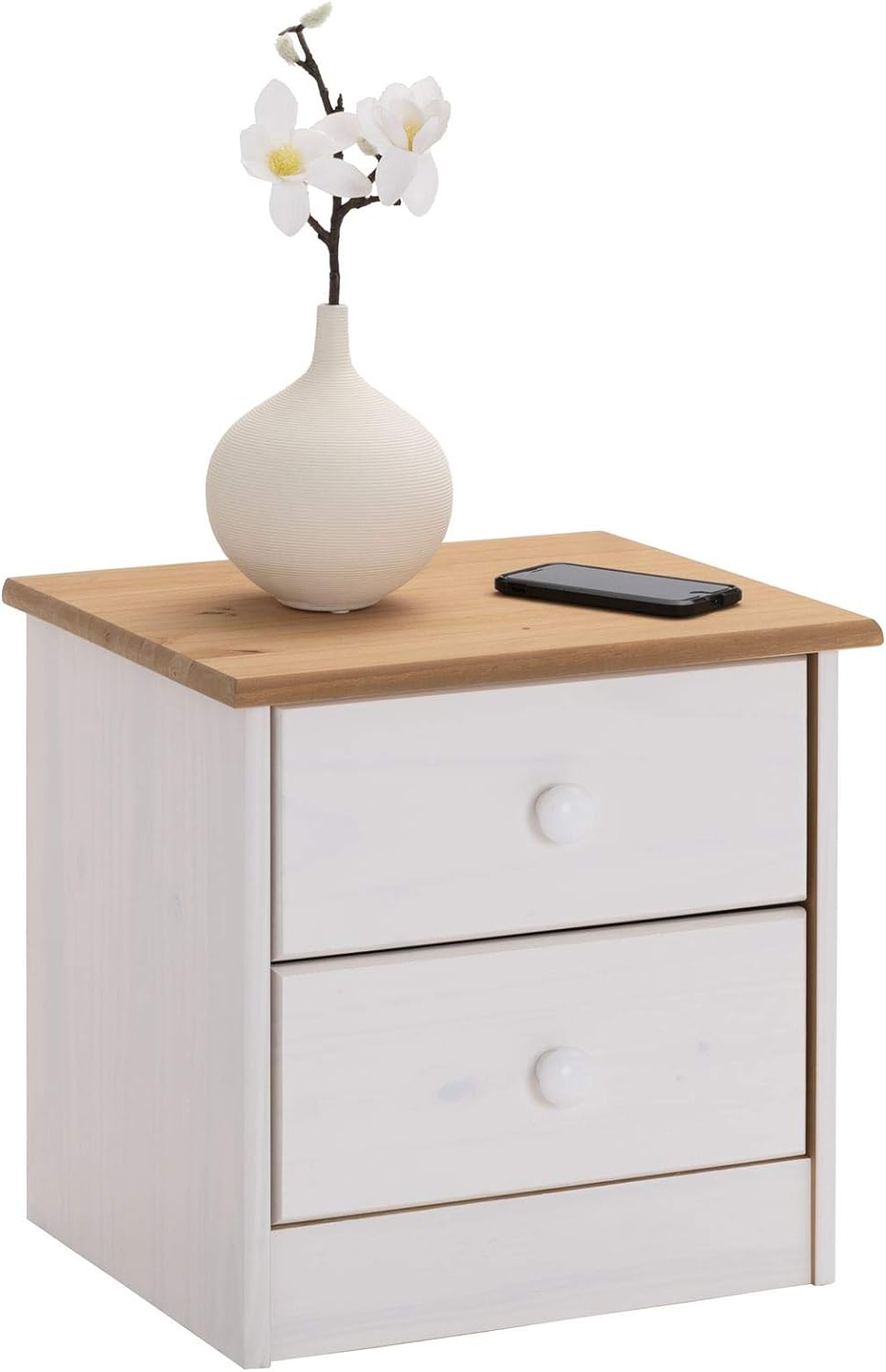IDIMEX Nachttisch Rondo,Kommode aus Kiefer massiv, weiss/braun lackiert, 2 Schubladen, Landhausstil,