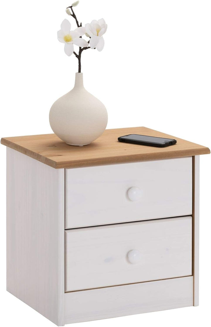 IDIMEX Nachttisch Rondo,Kommode aus Kiefer massiv, weiss/braun lackiert, 2 Schubladen, Landhausstil,