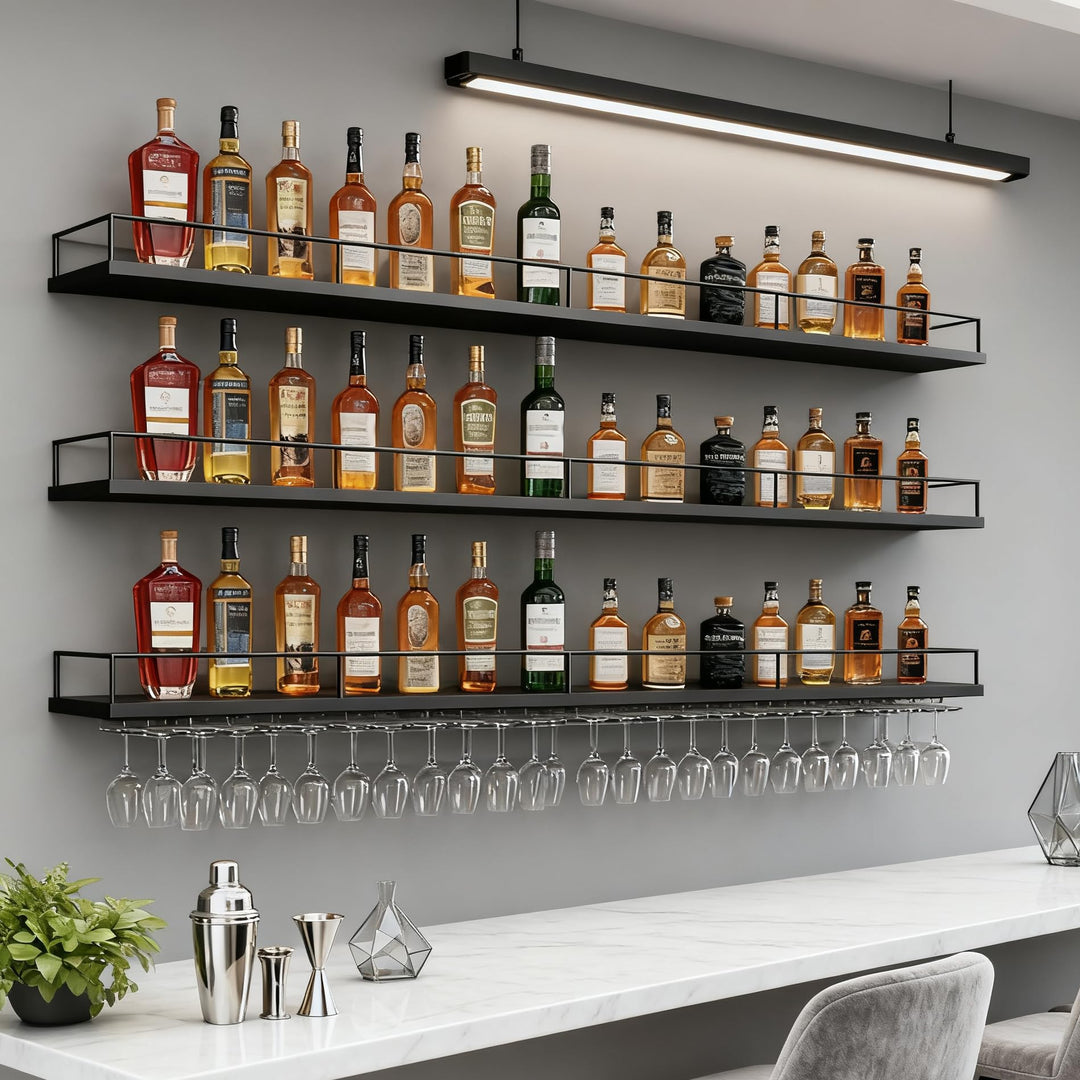 200CM Weinregal Wand mit Glashalter, 3 Ebenen Metallbar Weinpareite Display Rack, Modernes Weinregal