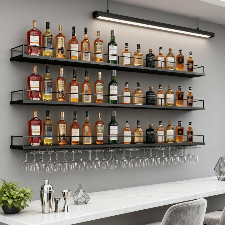 200CM Weinregal Wand mit Glashalter, 3 Ebenen Metallbar Weinpareite Display Rack, Modernes Weinregal
