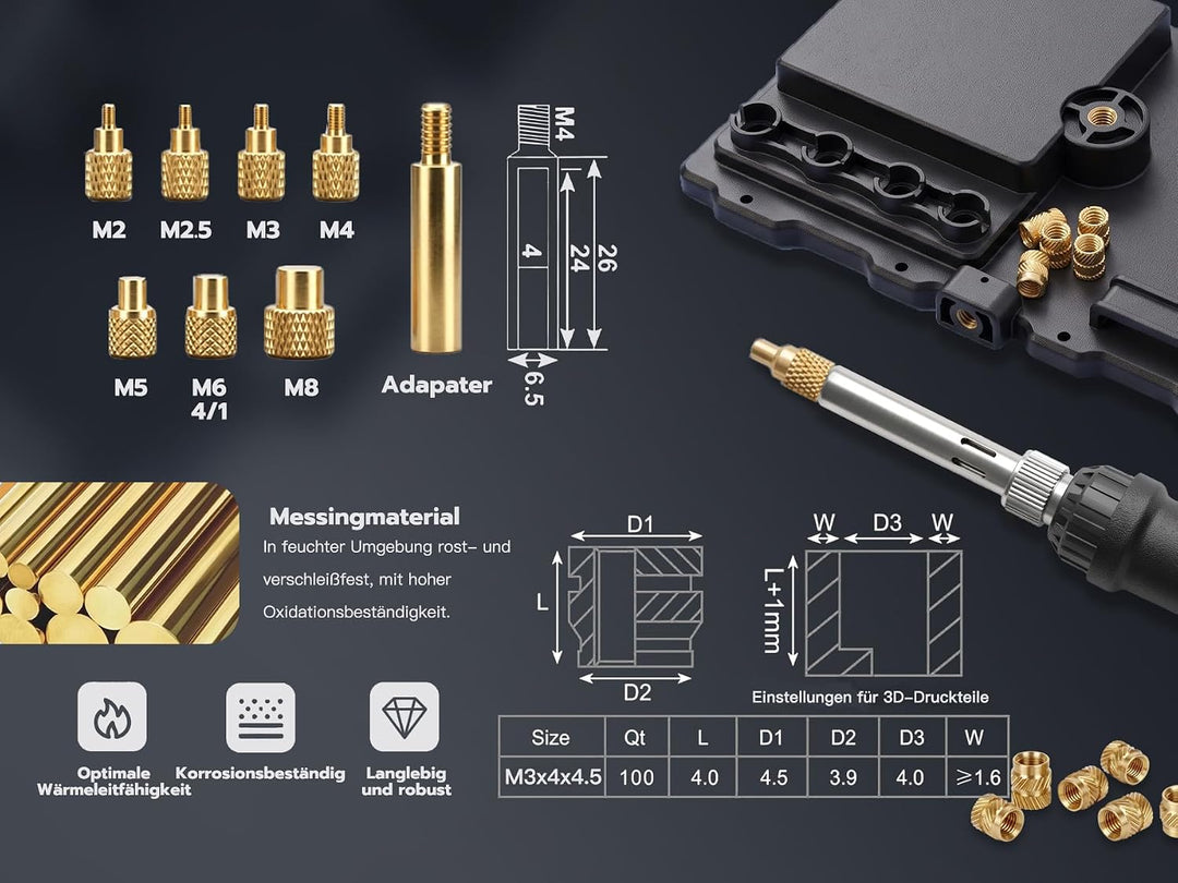 Digitales Lötkolben-Set, 60W, mit Gewindeeinsatz-Spitzen und 100 Stück M3x4x4,5 Gewindeeinsätze Iron