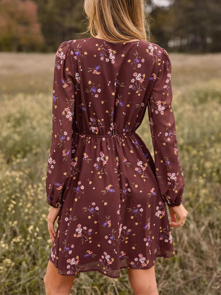 CUPSHE Damen Kleid V Ausschnitt Wickeloptik Transparente Lange Ärmel Blumenmuster Freizeitkleider Wr