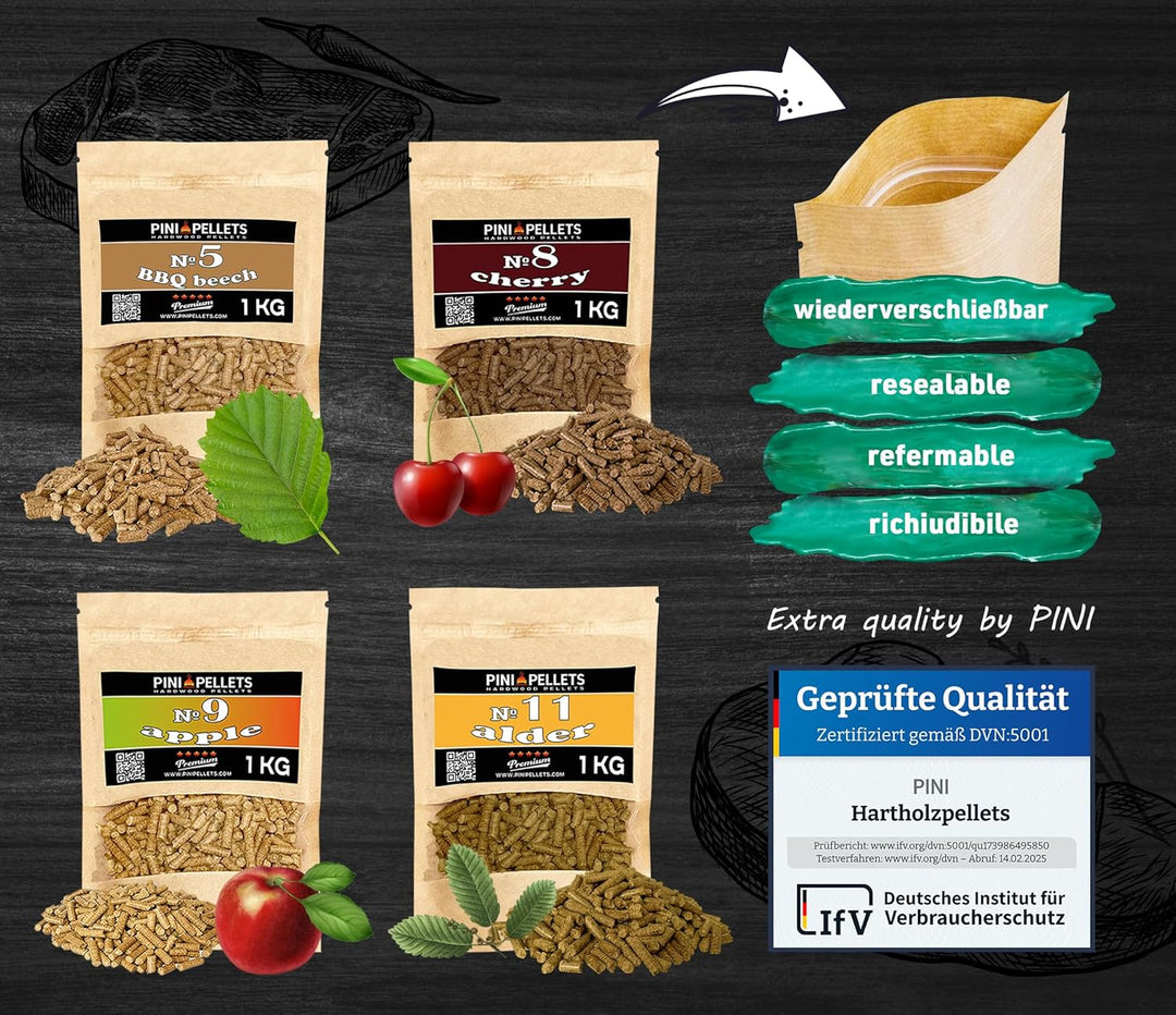 PINI Naturholzpellets Set 4X 1 kg für Smoker Räucherofen Auswahl aus 4 Sorten - Buchenpellets Nr 5,