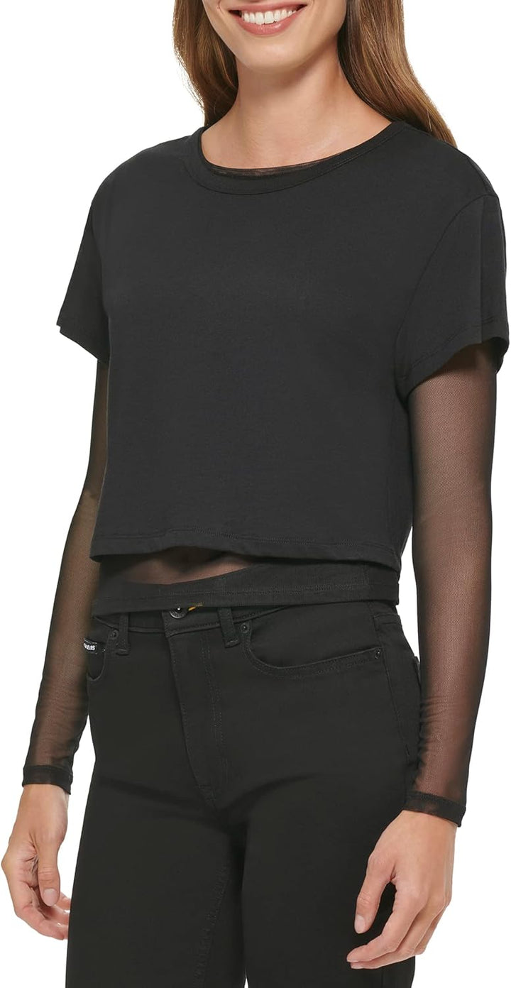 DKNY Damen Short with A Twofer Long Sleeve Mesh Top T-Shirt S Schwarz, S Schwarz