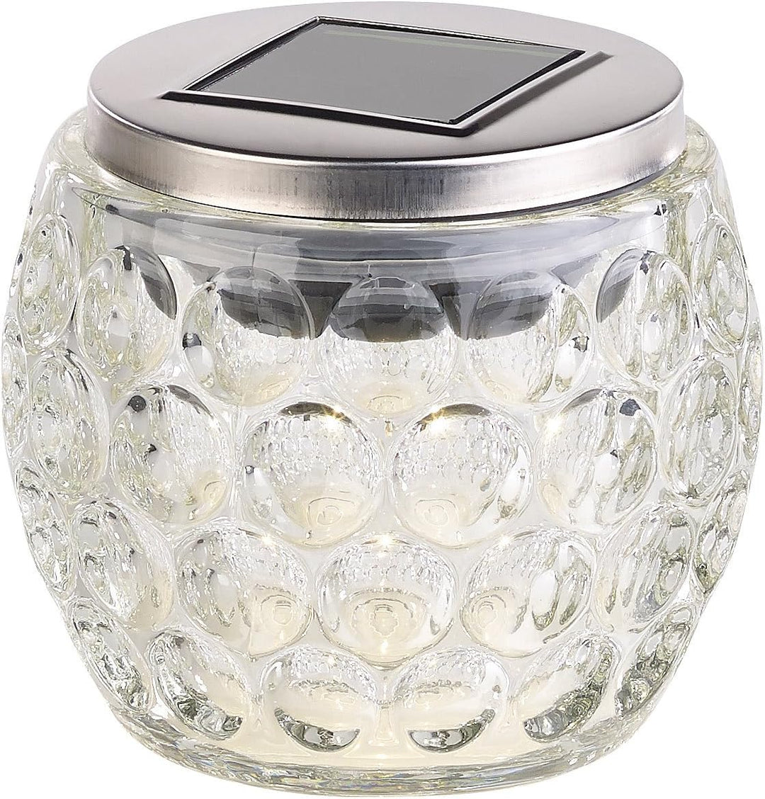 Lunartec Solar Tischlicht: Solar-LED-Windlicht aus Glas, mit tollem Lichtmuster, IP44, Ø 10 cm (Tisc
