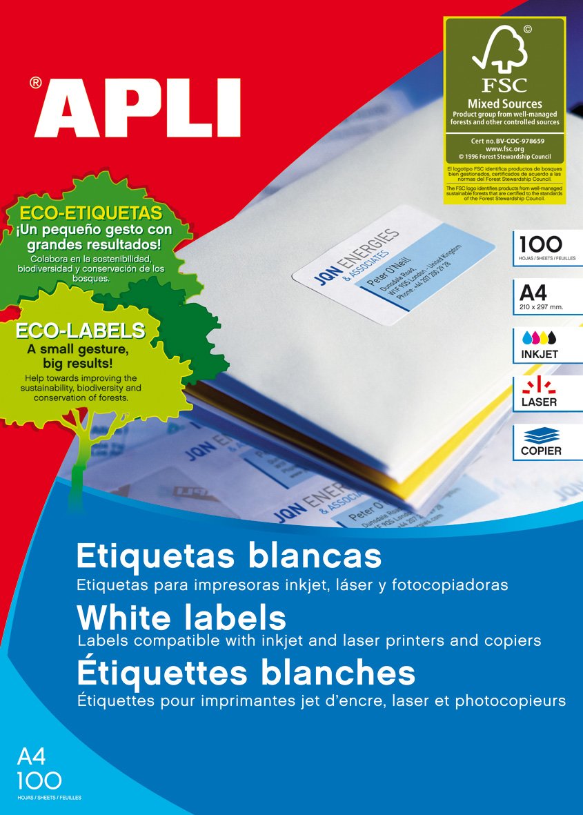 APLI 002167 - Pack 100 weiβe Etiketten für Drucker 70X42.4 70 x 42,4 mm 100 Blatt, 70 x 42,4 mm 100