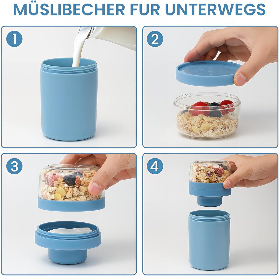 Bugucat Müslibecher to Go 520ML+250ML 2er,Praktischer Joghurtbecher mit Löffel, Auslaufsicher Müsli