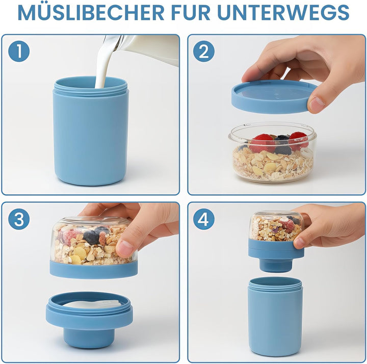 Bugucat Müslibecher to Go 520ML+250ML 2er,Praktischer Joghurtbecher mit Löffel, Auslaufsicher Müsli