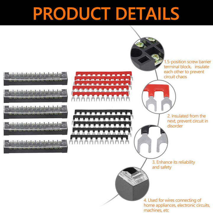 Keenso Klemmenleiste, 5 Stück zweireihig 12 Positionen 600V 15A Schraubklemmenblock + vorisolierter