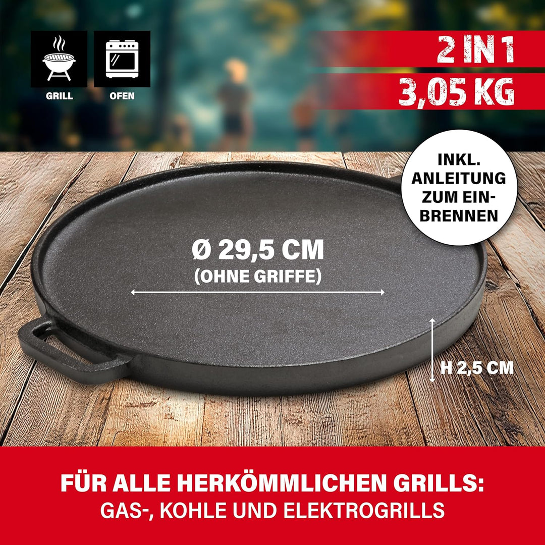 BBQ BOSS Gusseisen Grillplatte [2 in 1] Grillrost – Grillplatte rund – Platte für den Grill – wendba